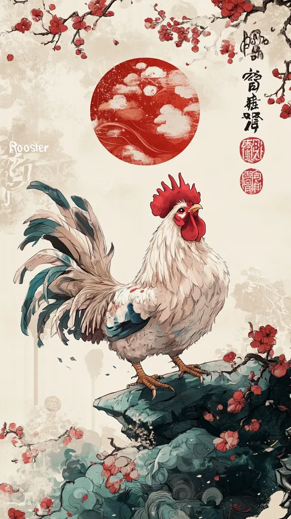 The image is a traditional Japanese-style illustration of a rooster. The rooster is depicted in a white and gray color scheme, with a red wattle and comb. It stands on a rock, surrounded by blossoming cherry branches with pink flowers. A large red circle with white clouds and a red swirl is in the background. The image has a delicate and intricate style. The Japanese characters above the rooster mean "rooster" and "year of the rooster".