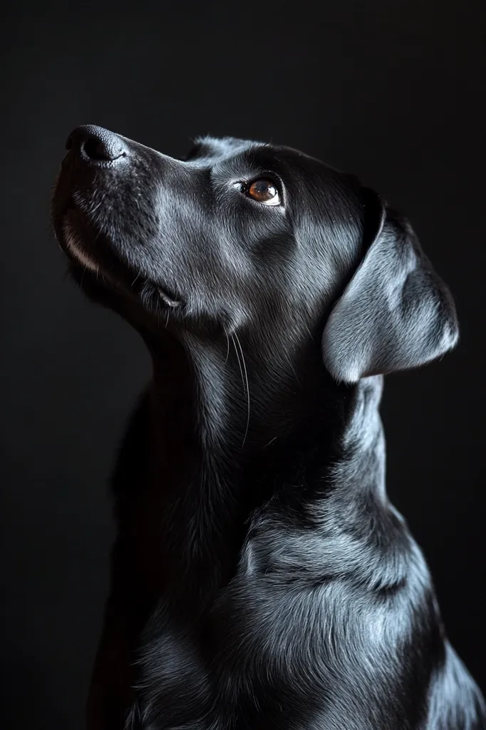 A black Labrador Retriever, silhouetted against a dark background, looks up with a curious expression. The dog's fur is sleek and glossy, and its eyes gleam with intelligence. The dark background emphasizes the dog's features, highlighting its soulful gaze. A single, white whisker stands out against the black fur. The image captures the dog's gentle and affectionate nature, inviting the viewer to connect with its warm and loving personality.