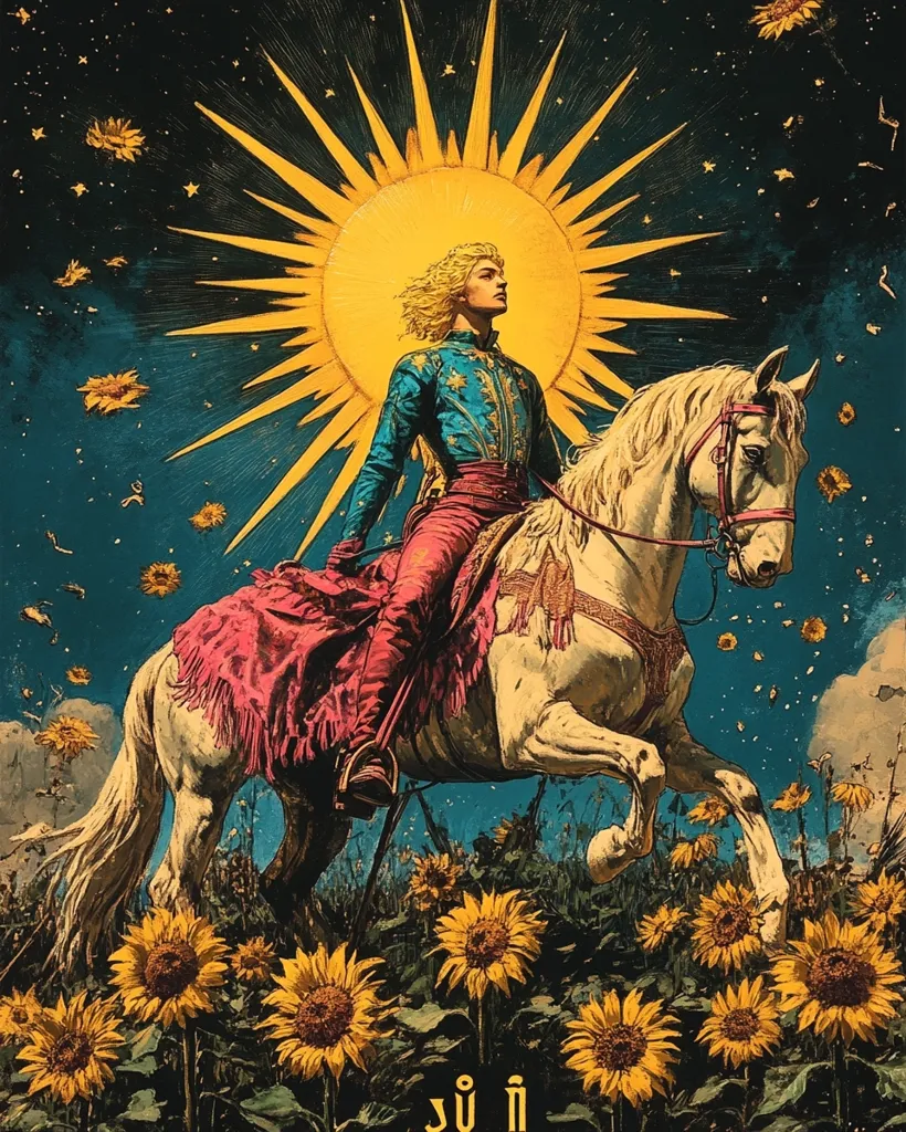 A young man with blonde hair rides a white horse through a field of sunflowers. He wears a blue and gold jacket and red pants. A large, stylized sun with rays emanates from behind him, and the sky is a deep blue dotted with small stars. The scene is rendered in a vintage, almost psychedelic style.