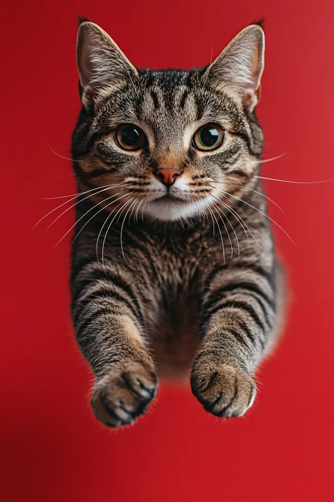 A tabby cat with large, round eyes stares intensely at the camera. Its paws are extended towards the viewer, and its body is suspended against a solid red background. The cat's whiskers are visible, adding to its curious and playful expression. The image captures the cat's playful nature and its captivating gaze.