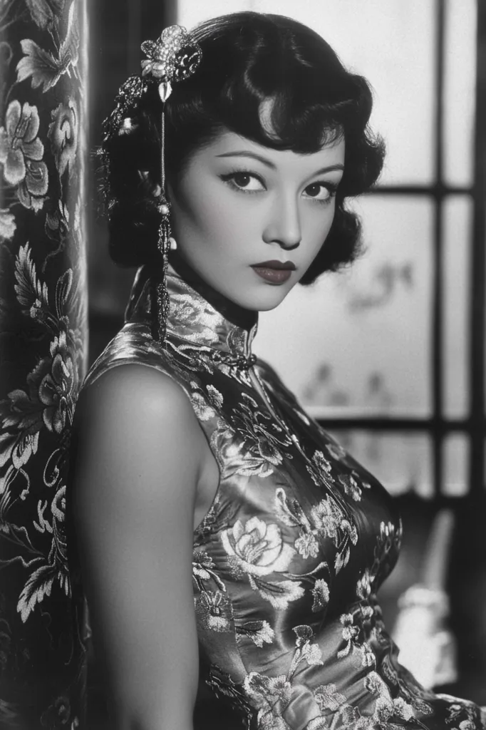 The image is a black and white portrait of a woman in a traditional Chinese dress. She has dark hair styled in a retro look with a jeweled ornament and is wearing a silk dress adorned with embroidered flowers. Her gaze is intense and she appears to be looking directly at the viewer.  The image is classic and elegant, with a timeless quality.