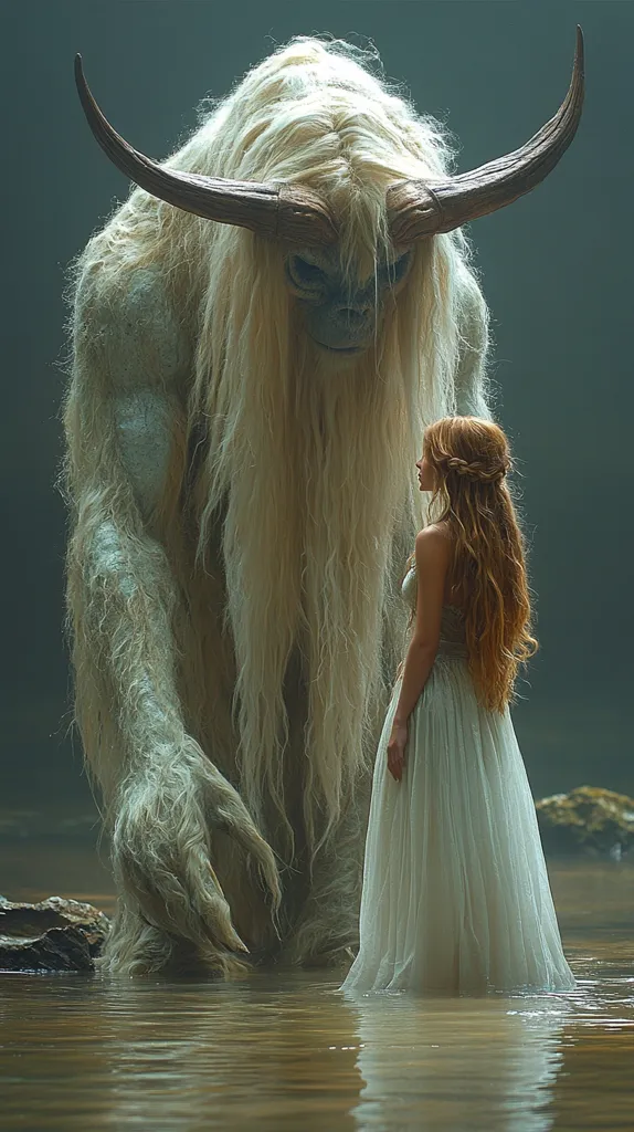 A large, furry creature with horns stands in a shallow pool of water. The creature has a long, white coat and a large, imposing head.  A young woman in a white dress stands in the water, looking up at the creature. The creature appears to be gentle, and the woman seems to be unafraid. The scene is both fantastical and peaceful, suggesting a harmonious relationship between human and creature.