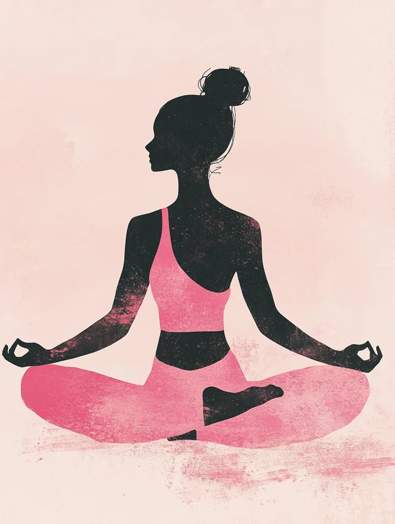 The image depicts a black silhouette of a woman sitting in a yoga pose with her legs crossed. She is wearing pink athletic clothing and has her hair pulled back in a bun. The background is a light pink with a textured appearance. The image conveys a sense of peace, tranquility, and focus. The woman's posture and the muted colors of the background create a calming and serene atmosphere.