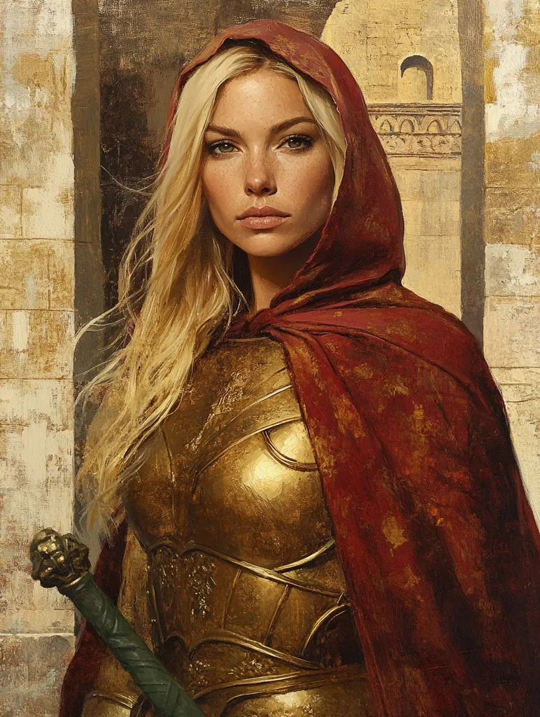 The painting depicts a woman with long blonde hair wearing a red cloak and golden armor. She has a stern expression on her face and her eyes are focused on something beyond the frame. A sword with a lion's head hilt is visible at her side. The background is a golden-toned, textured wall with a doorway. The overall mood is one of power and determination.