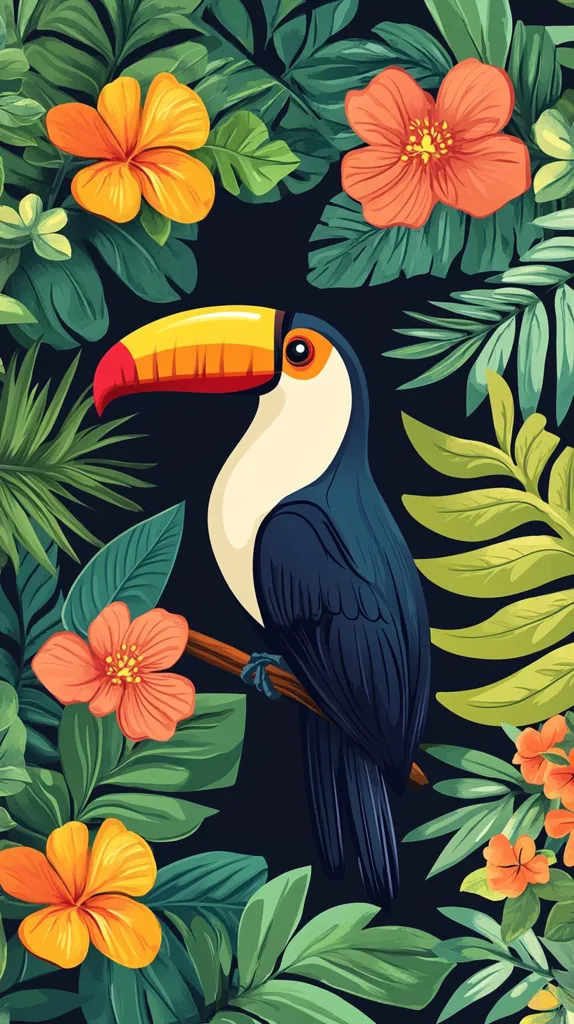 The image showcases a toucan with a vibrant orange beak perched on a branch amidst lush tropical foliage. The toucan's black and white plumage blends seamlessly with the green leaves and bright orange, red, and yellow flowers, creating a captivating scene of vibrant color and intricate details. The toucan's eye is visible, adding a touch of life and character to the artwork.