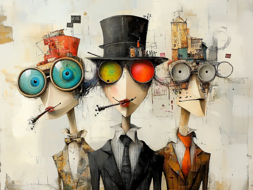 The painting depicts three stylized figures with exaggerated features, standing side-by-side against a textured white background. They are all wearing suits and ties, with large, round glasses, and have distinct facial expressions. The figures appear to be a whimsical portrayal of human characters, showcasing a unique artistic style. The background is filled with abstract details and markings, adding to the overall surreal and imaginative atmosphere of the piece.