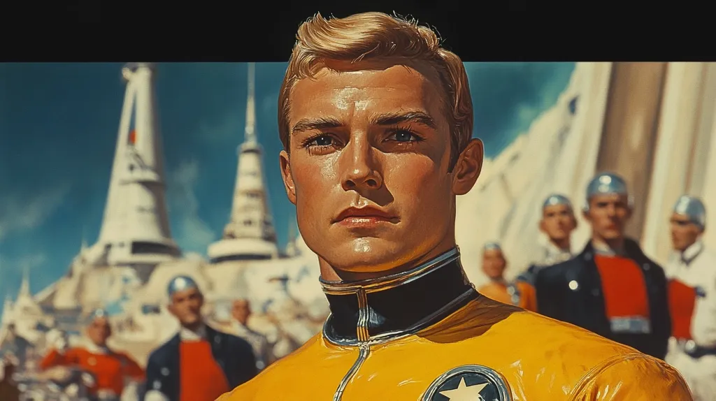 A young man with blond hair and a serious expression stares directly at the viewer. He is wearing a yellow jumpsuit with a black collar and a star on the chest. The image is set in a futuristic city with tall buildings and a clear blue sky. Other figures in the background are blurred, focusing attention on the man. The image has a retrofuturistic aesthetic.