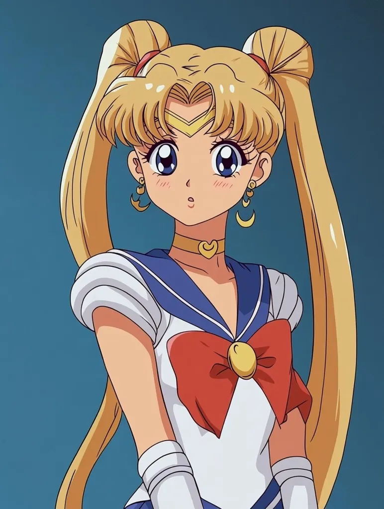 The image features a cartoon character, a young woman with long blonde hair tied in pigtails, wearing a sailor uniform with a red bow and a golden crescent moon on her forehead. She has large, expressive eyes and a surprised expression. The background is a simple blue color. The image evokes a sense of youthfulness and whimsy.