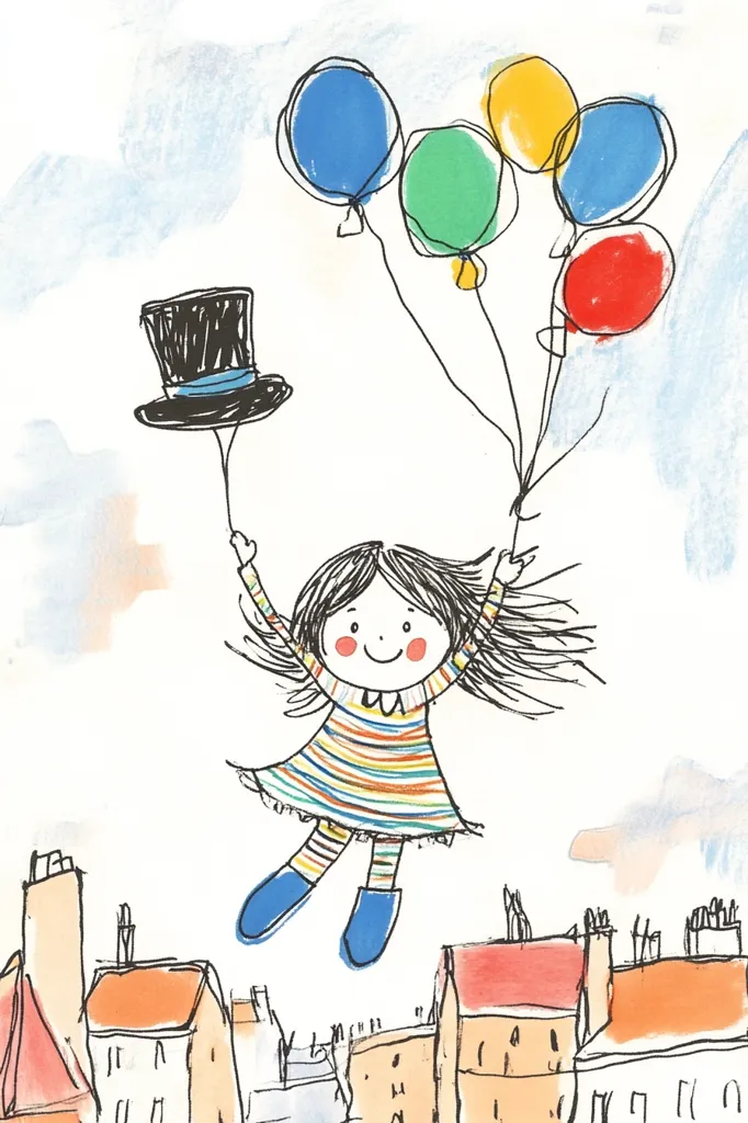 A cheerful girl with long hair is flying in the sky holding onto a bunch of colorful balloons. She is wearing a striped dress and a black top hat. She is smiling and looks happy. Below her are buildings with red roofs, suggesting she is flying over a city. The sky is light blue with a few fluffy clouds. The drawing is simple and playful.