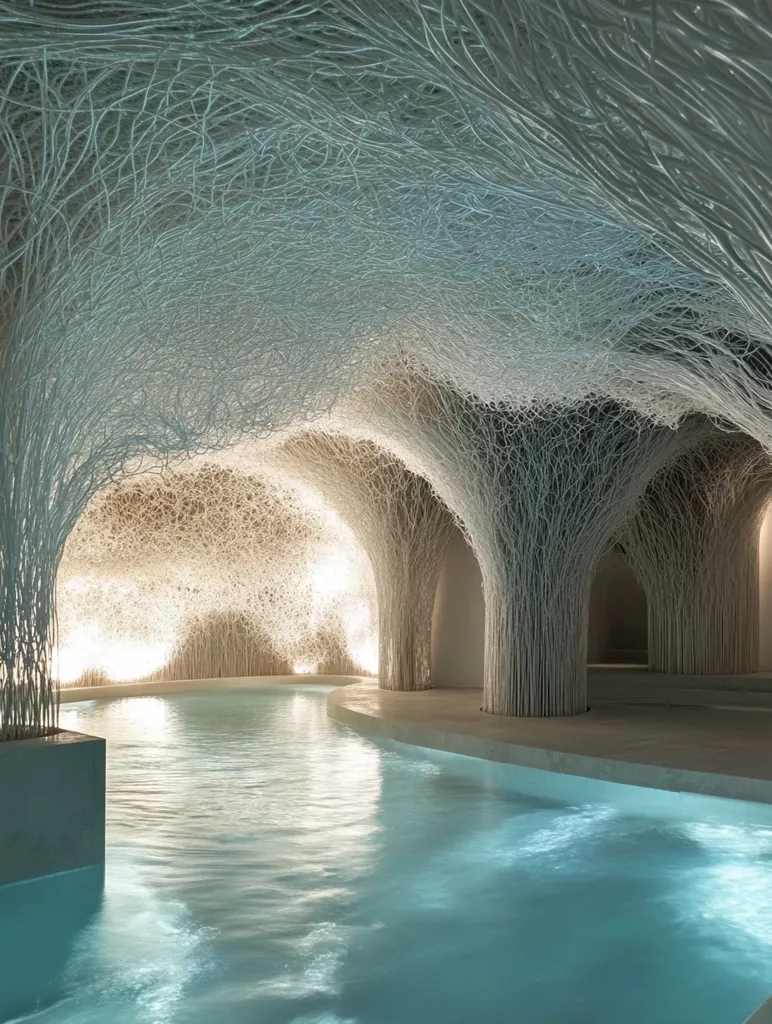 A winding, light blue pool is surrounded by white, spindly structures, creating a cave-like atmosphere. The ceiling, a tangled web of white branches, softens the light overhead. A soft glow emanates from within the structures, illuminating the water and creating an ethereal, otherworldly ambiance.