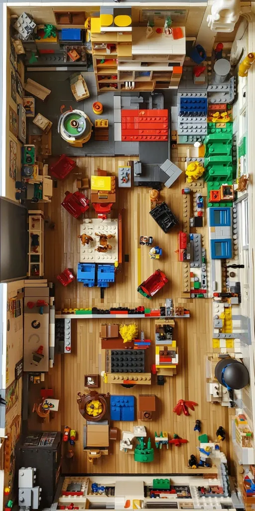The image shows a LEGO model of a room with various furniture and accessories. There are shelves filled with books, a table with chairs, a clock on the wall, and a toy train set. The room is decorated with plants and other items, creating a whimsical and playful atmosphere. The model is made with a variety of different LEGO bricks and pieces, showcasing the creativity and detail that can be achieved with this popular toy.