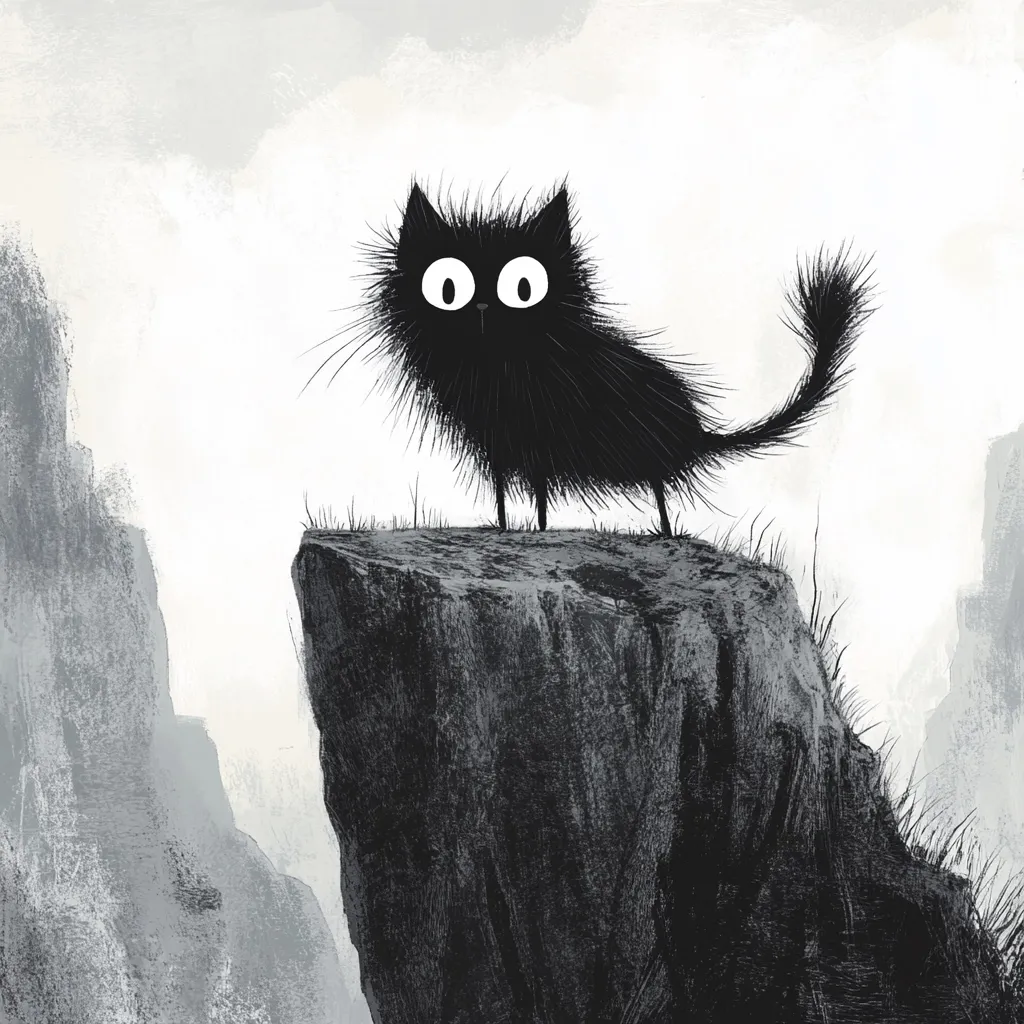 A black cat with large, white eyes stands on a cliff edge, its tail outstretched behind it. The cat's fur is long and fluffy, and it appears to be staring out at the distant, misty landscape. The cliff is rugged and gray, and the background is filled with a hazy, atmospheric mist. The overall tone of the image is one of mystery and intrigue, with a hint of loneliness.