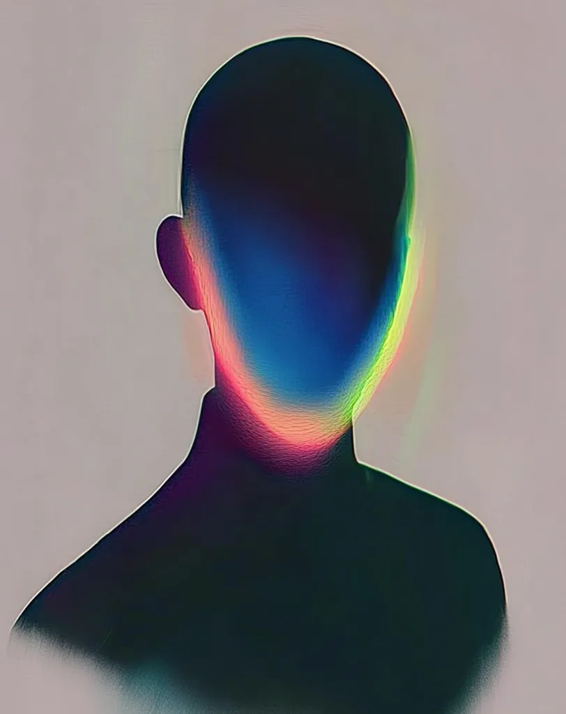 The image is a digital portrait of a person.  The face is obscured by a shimmering, holographic effect, with colors like blue, pink, and green. The person's silhouette is dark, with a smooth, almost liquid, quality. The background is a soft, muted gray.