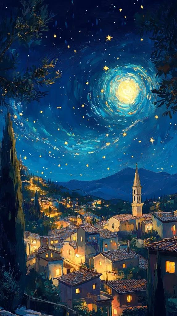 The image depicts a picturesque village nestled amidst rolling hills under a star-filled sky. The moon, a glowing orb surrounded by a swirling nebula, illuminates the scene. A tall church steeple rises above the village, while twinkling lights from the houses below create a warm and inviting ambiance. The overall tone of the painting is serene and tranquil, evoking a sense of peace and wonder.
