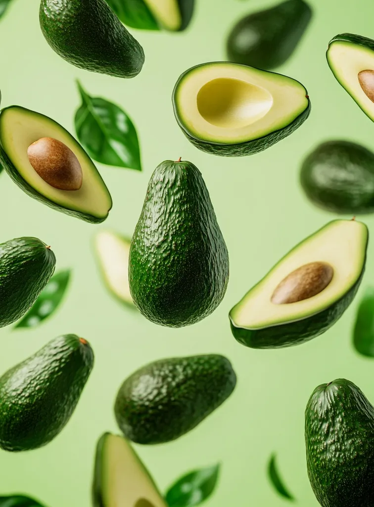The image shows a vibrant green background with several avocados floating and falling. Some are whole, while others are halved, revealing their creamy insides. A few green leaves add to the fresh and natural aesthetic. The avocados are illuminated, highlighting their smooth skin and textures. Overall, the image is a celebration of the avocado's beauty and deliciousness.