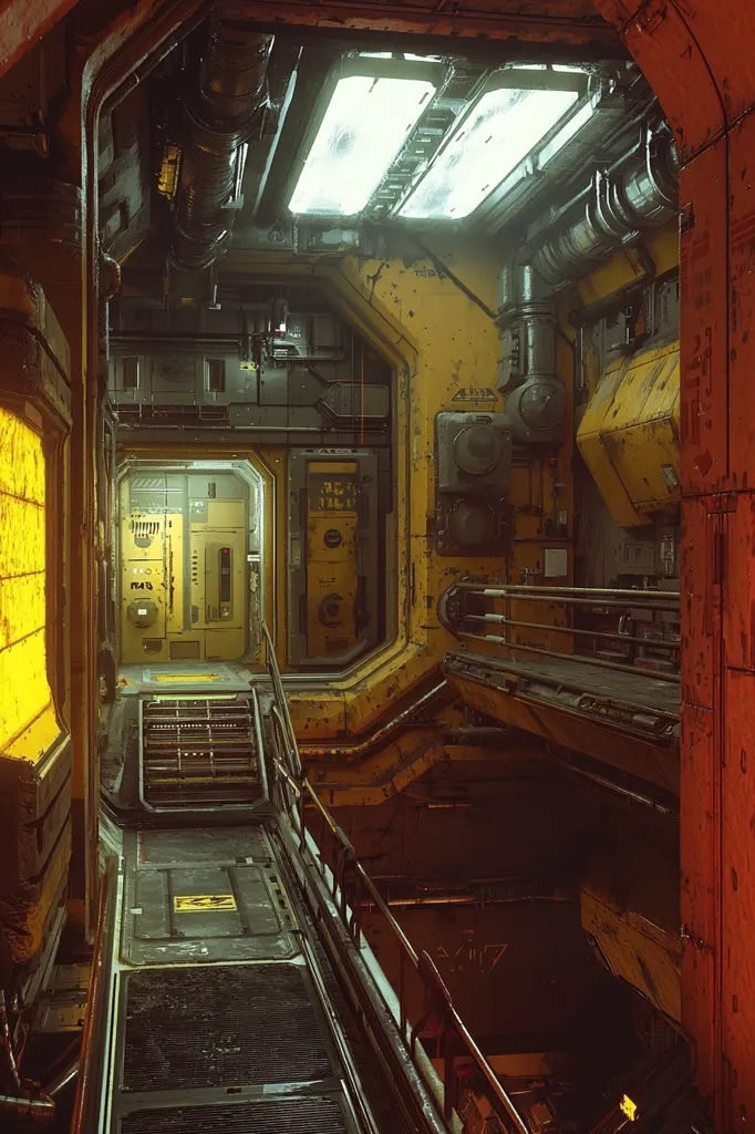 The image shows a narrow, metallic corridor in a futuristic building. The walls are a mix of yellow and red, with various pipes and vents running along them. There is a door at the end of the corridor and a narrow walkway leading to it. The lighting is dim, creating a sense of mystery and isolation. The image evokes a feeling of a forgotten place, possibly a derelict spaceship or an abandoned research facility.
