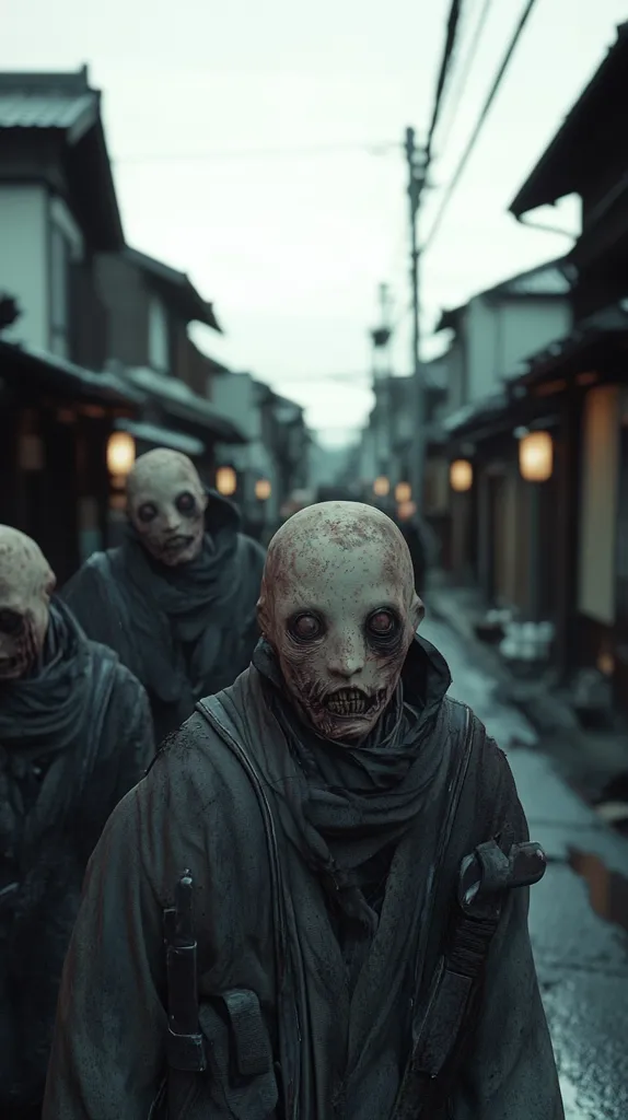 Three figures with grotesque, pale faces and wide eyes walk down a narrow street lined with traditional Japanese buildings. They are dressed in dark, hooded robes that conceal their bodies, and their expressions are unsettling. The atmosphere is eerie and ominous, with a sense of impending danger. The street is empty, and the only sound is the sound of their footsteps on the pavement. The image suggests a sense of unease and uncertainty, as if something sinister is about to unfold.