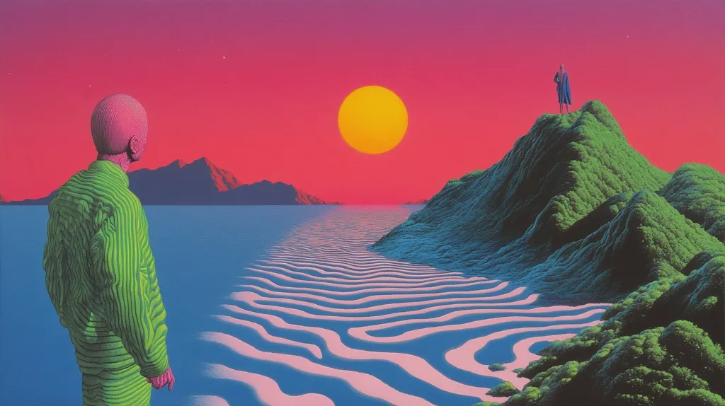 The image depicts a surreal landscape with a bright yellow sun setting over a body of water. Two figures stand on opposite sides of the water, a man in green and a woman in blue, separated by wavy white lines and a green-covered mountain. The scene is bathed in a vibrant pink and blue light, creating a dreamlike atmosphere.  The stark lines and vibrant colors contribute to the image's surreal quality.  The figures stand apart, suggesting a sense of isolation and perhaps a divide.  The image invites interpretation and contemplation.