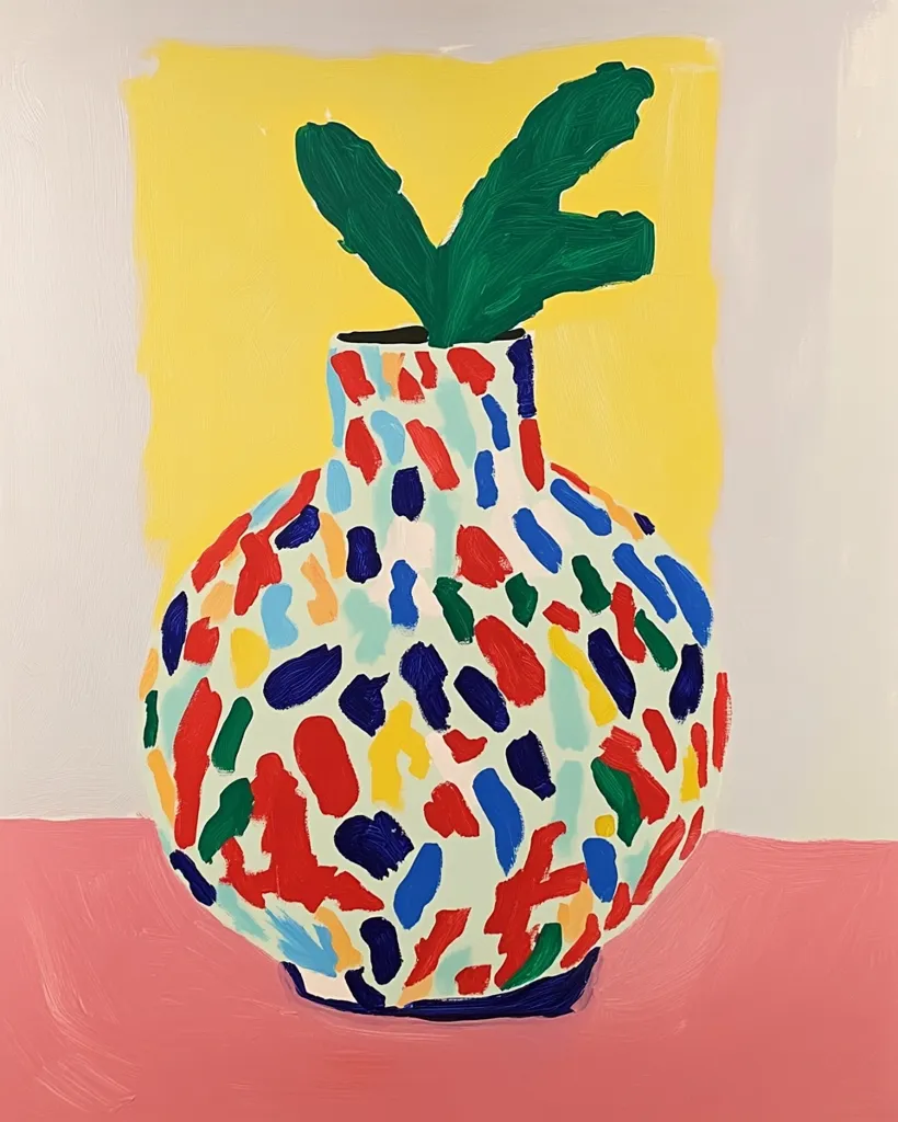 A colorful, abstract painting of a vase with a single green leaf emerging from its top. The vase sits on a bright pink surface against a yellow background. The vase is painted with a chaotic pattern of colorful dots and dashes. The colors are bold and vibrant. The overall mood of the painting is cheerful and whimsical.