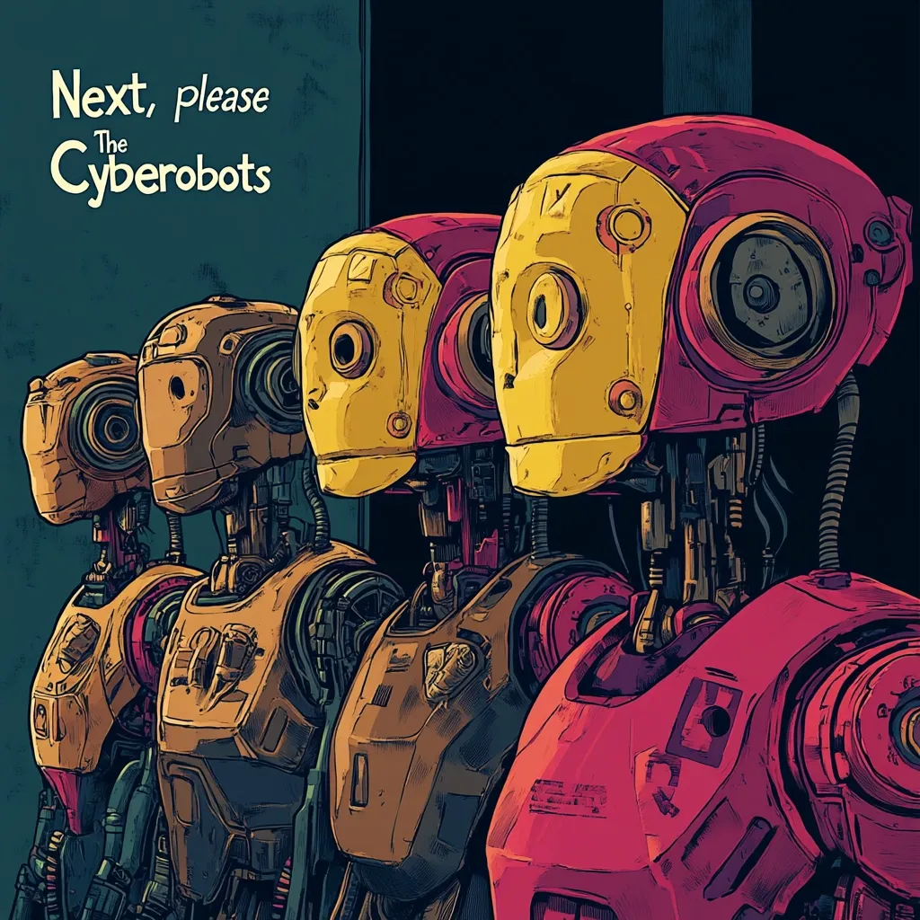 A line of four robots stand side by side, their heads turned slightly to the right. They have rounded, humanoid features with large, yellow eyes and colorful, mechanical bodies. The first robot is red, while the other three are a shade of yellow. The image has a retro, almost 1980's style.  Above them is the text "Next, Please The Cyberobots".  The image is digitally drawn in a cartoon style.