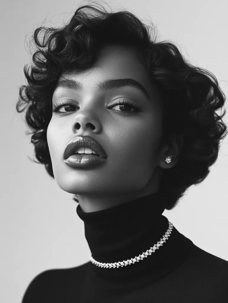 A black and white portrait of a woman with short, curly hair. She is wearing a black turtleneck sweater and a sparkling diamond choker. Her eyes are looking directly at the camera, her lips are slightly parted, and she has a subtle, confident expression. The image is lit with soft, even light, emphasizing her features and creating a classic, elegant mood.