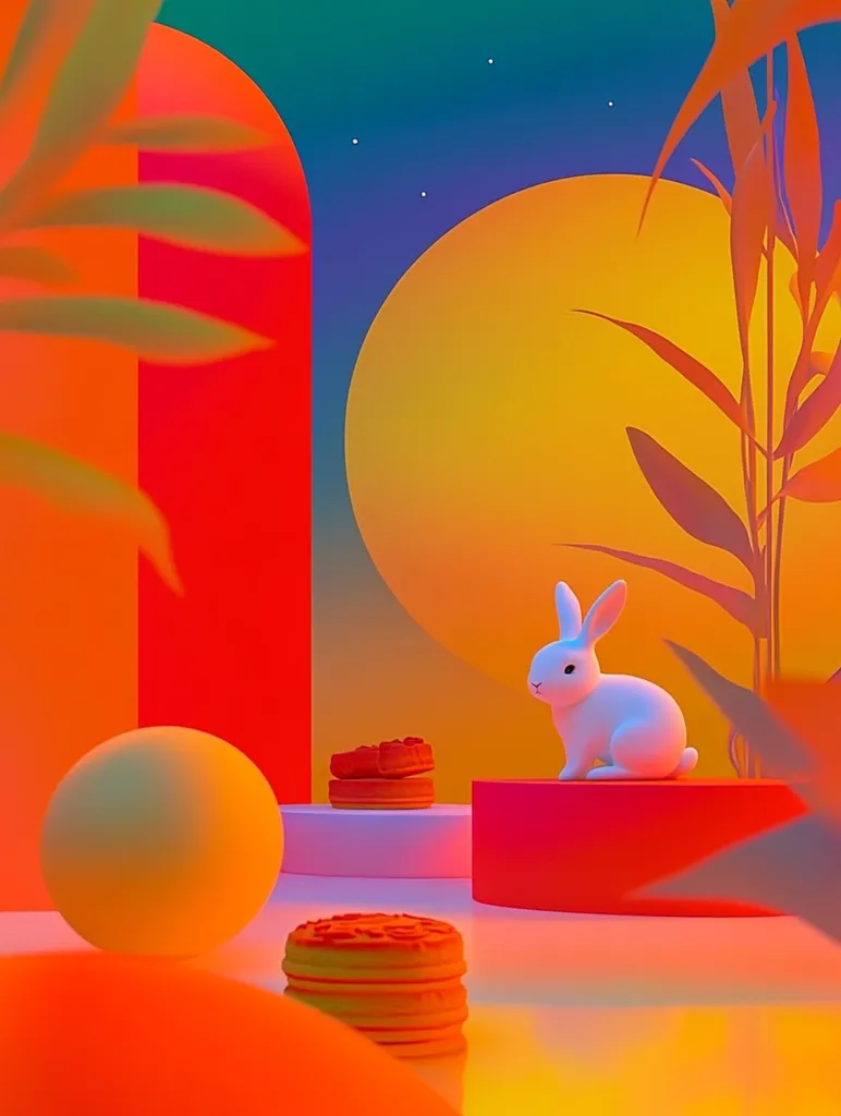 A white rabbit sits on a bright red platform in front of a large yellow sun. The background is a vibrant orange and teal gradient, with palm leaves and a few stars. Two stacks of round cookies sit on a white platform. The scene is bathed in warm, inviting light.