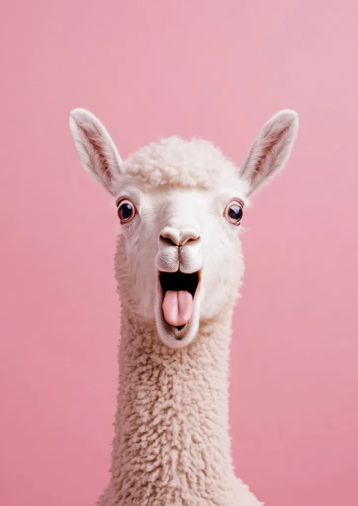 A white llama with a fluffy coat and big, dark eyes stares directly at the camera with its mouth open wide and tongue sticking out.  The llama appears to be smiling and laughing, while the background is a solid pink. The image is playful and humorous.