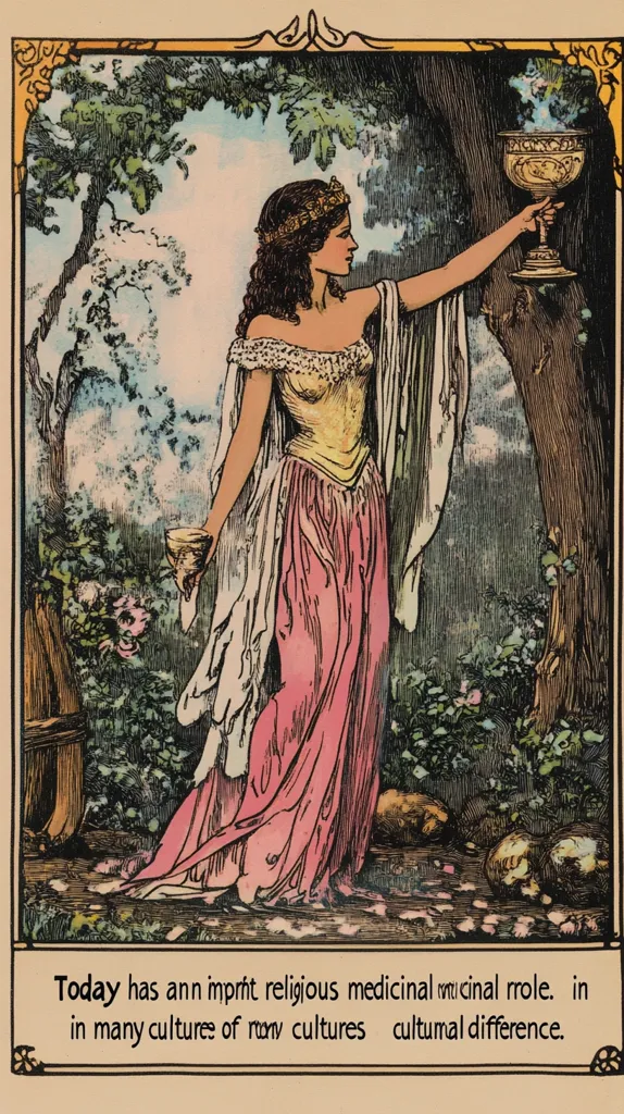 The image depicts a woman in a flowing pink gown, holding a chalice in her right hand and another cup in her left. She is standing in a lush forest, with a large tree behind her. The woman wears a crown and has long brown hair.  The scene is likely a depiction of a goddess or fairy. The text beneath the image suggests that the image is related to religious and medicinal practices in different cultures.