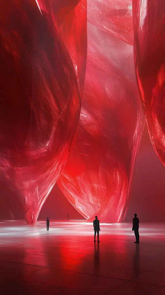 The image shows a vast, red, seemingly endless space. The space is filled with large, undulating, red fabric shapes. Three figures, silhouetted against the red, walk towards the viewer across a glossy, reflective surface. The scene is a study in minimalism, color, and the human figure.