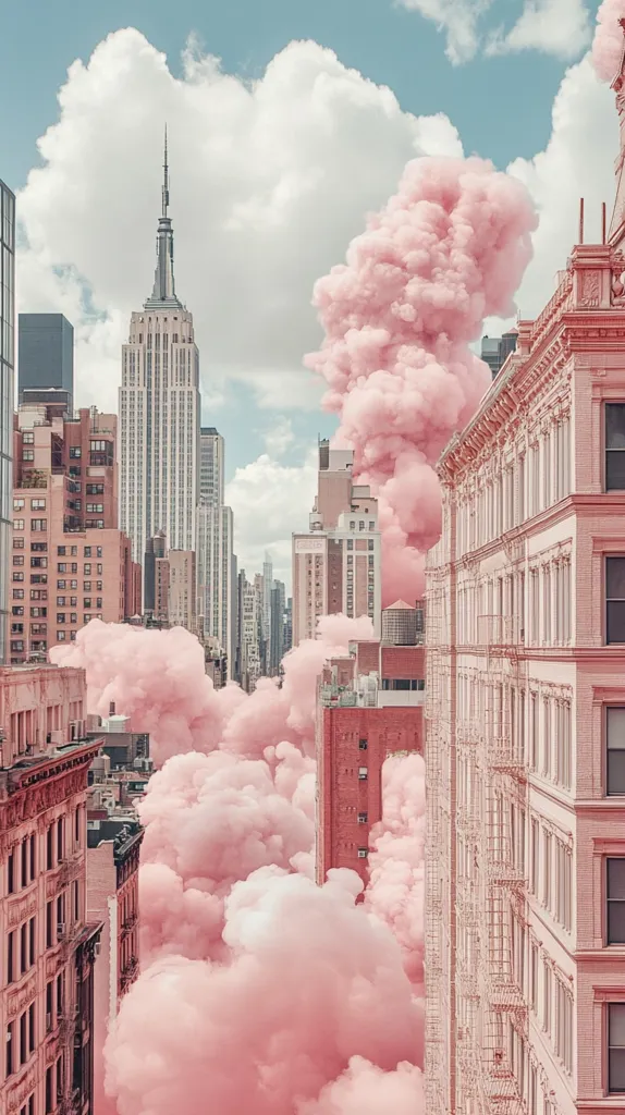A city skyline is shrouded in a pink cloud.  Tall buildings, including a skyscraper with a pointed top, are seen in the distance, while a closer building stands partially obscured by the cloud. The bright pink cloud fills the sky, creating a surreal and dreamlike atmosphere.