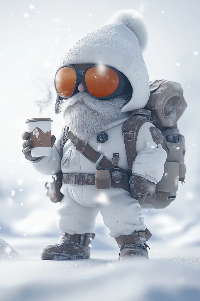 A small, furry creature wearing a white winter coat, goggles, and a backpack walks through a snowy landscape. It holds a cup of coffee in one hand and seems to be enjoying the snowy day. Snowflakes fall around it, and the background is a blur of white.