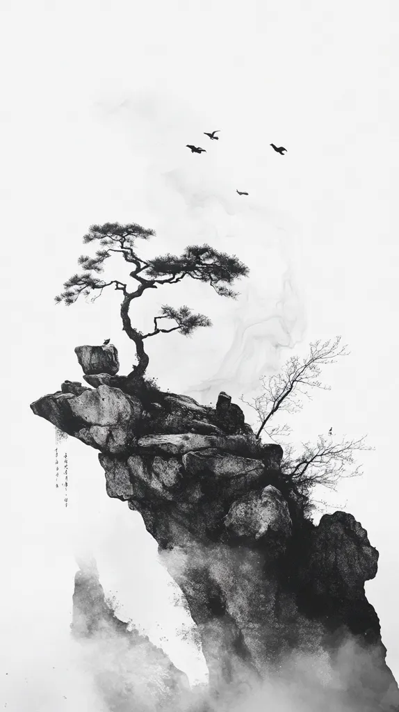 The image is a black and white depiction of a lone tree growing on a rocky cliff. The tree has a thick trunk and branches that spread out like arms. In the background, several birds fly in a formation. There is also a faint outline of a mountain in the distance, which appears to be covered in mist. The image is very minimalist, with simple lines and shapes that create a sense of peace and tranquility.