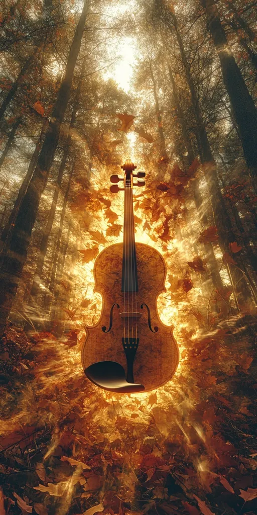 A violin is positioned in the center of an image with golden light emanating from it. The violin is in focus, while the surrounding forest trees and fallen leaves are blurred and appear as a warm, glowing background. The image has a dreamlike quality, creating a sense of wonder and magic.