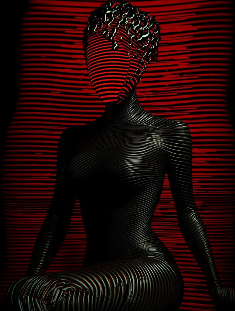 A black, stylized figure with a red, striped head sits in a pose that resembles a person with their knees bent. The figure is composed of parallel lines and has a glossy appearance, suggesting a futuristic or digital creation. The backdrop is a vibrant red, providing a stark contrast to the black figure. The image evokes a sense of mystery and intrigue, leaving room for interpretation.