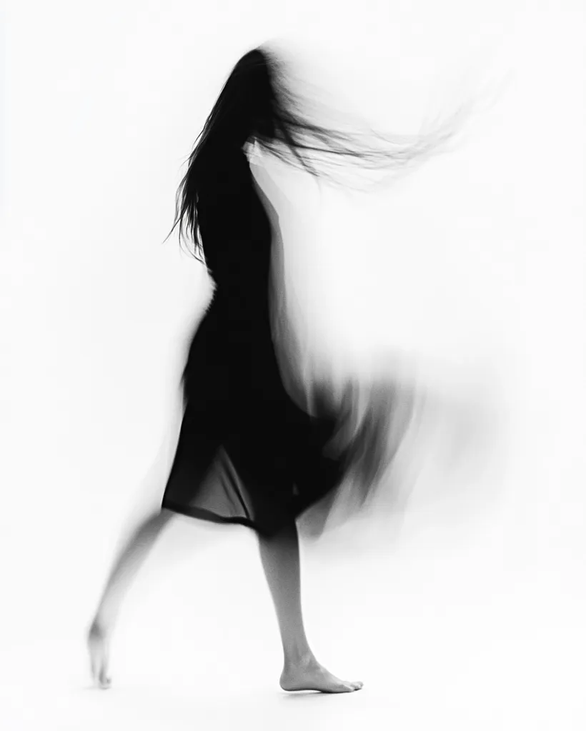 A woman in a long black dress is captured in a motion blur, her hair flowing behind her as she walks. The image is black and white, creating a sense of ethereal movement and mystery. The stark contrast between the woman and the white background emphasizes her form, leaving the viewer to imagine her story.
