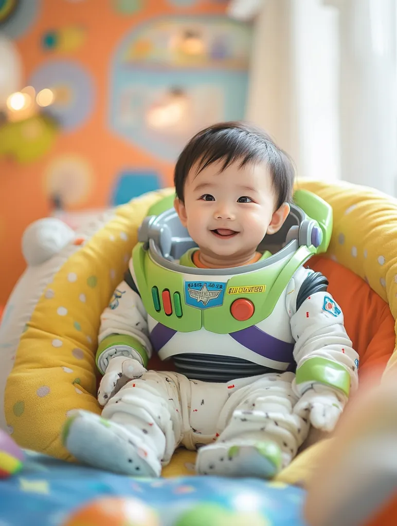 A baby, dressed in a Buzz Lightyear costume, sits in a yellow and green padded chair. He is smiling and looking at the camera. He is wearing white and green pants and a white shirt with a green vest and a green helmet. The background is out of focus and blurry. The baby is sitting on a yellow and green padded chair with a yellow and green padded headrest. The chair is in front of a window with a blurry view of the outside. The baby is smiling brightly and looking at the camera. He is happy and content.
