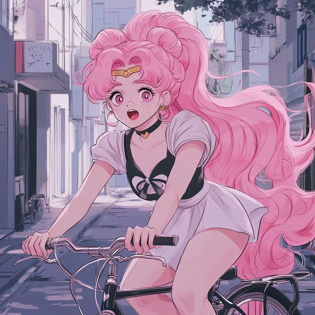 A young woman with long pink hair, styled in a ponytail with two buns, rides a bicycle down a street. She wears a white top and a black dress with a white skirt. The street is lined with buildings and has a soft, pastel aesthetic. The woman's expression is a mixture of excitement and determination, with a slight smile on her lips. The overall image has a youthful and energetic vibe, capturing a moment of carefree fun.