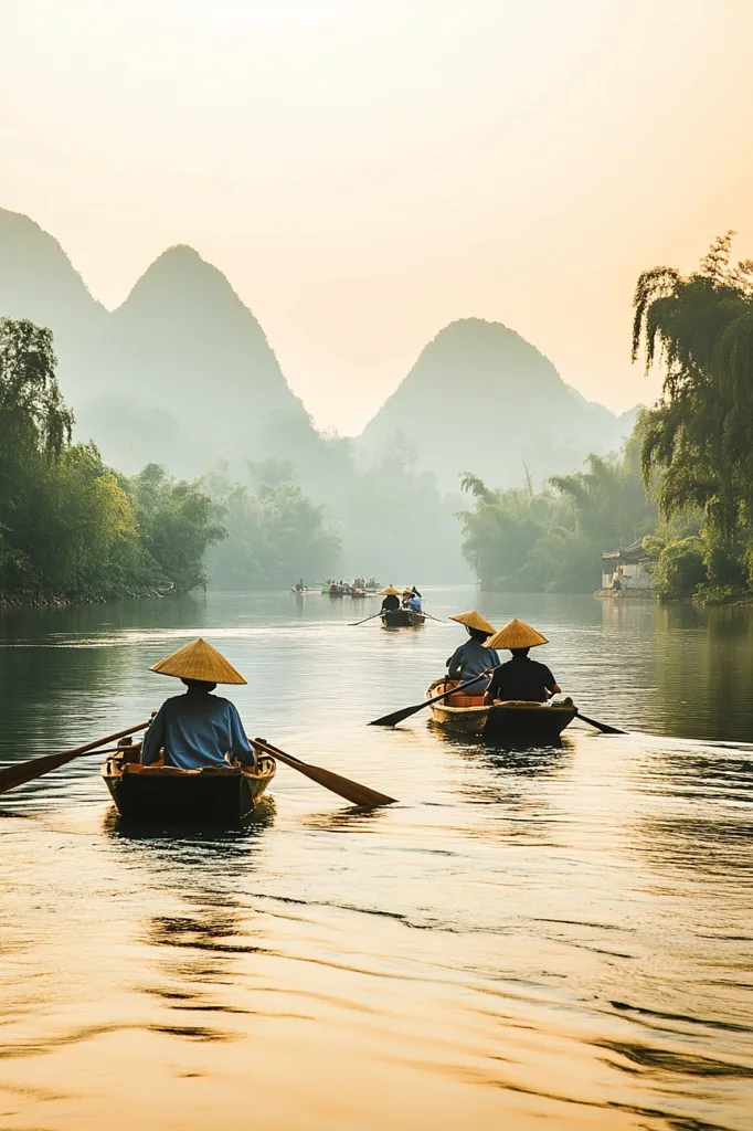 A tranquil scene of a river flowing through a picturesque landscape. Lush green mountains rise in the background, creating a dramatic backdrop. Several traditional wooden boats glide across the calm water, their occupants wearing conical hats. The warm glow of the setting sun bathes the scene in a golden light, creating a sense of peace and serenity.