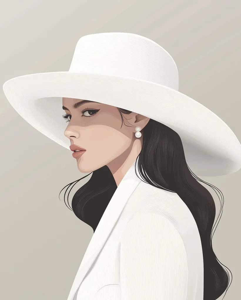 The image depicts a woman with long black hair wearing a large, white sun hat and a white jacket. Her hair is pulled back, and she has a subtle application of makeup. The woman is facing to the right, and her gaze is directed forward. The background is a plain, light gray color. The image is a minimalist depiction of fashion, with an emphasis on clean lines and simple shapes. The woman's elegant style and confident posture suggest a sense of sophistication and poise.