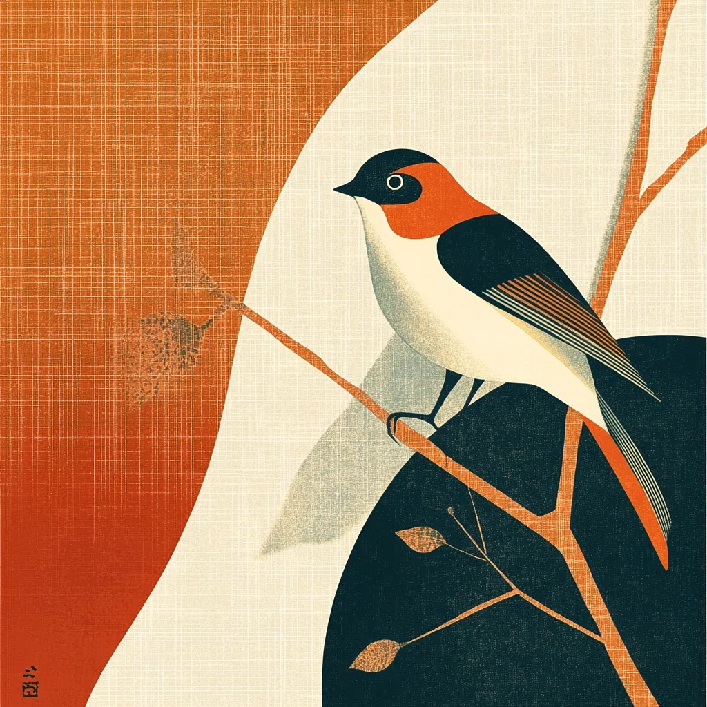 The image is a stylized illustration of a bird perched on a branch. The bird has a white body, black wings, a red head, and a long orange tail. The branch is brown and has a few leaves on it. The background is a gradient of orange and white, and it has a textured, linen-like appearance. The image has a minimalist, graphic design style.