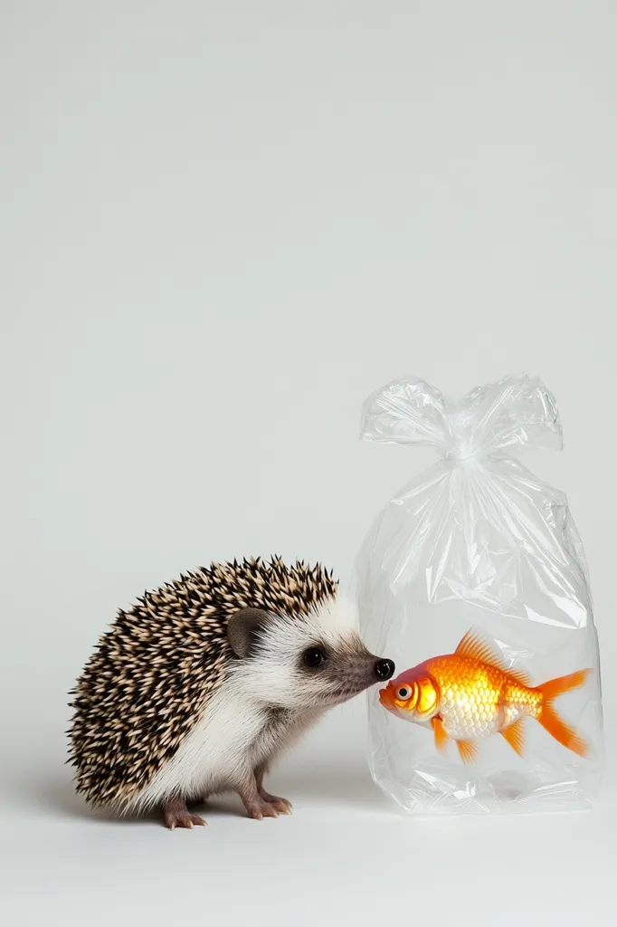 A small hedgehog with brown and white spines stands on a white surface, facing a clear plastic bag containing a goldfish. The hedgehog's nose is nearly touching the bag, as if it is curious about the fish inside. The background is a plain white, allowing the focus to be on the interaction between the hedgehog and the goldfish. The image creates a sense of curiosity and perhaps a bit of humor, as the hedgehog appears to be intrigued by the fish.