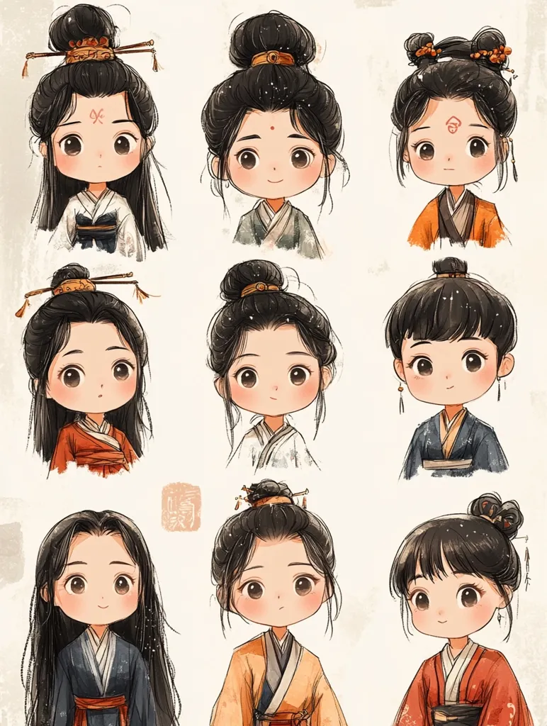 The image features nine adorable cartoon girls with large eyes and long black hair styled in different buns and adorned with various hair accessories. They are all dressed in traditional Chinese clothing with flowing robes and intricate patterns. The girls have sweet smiles and are positioned in a grid formation, creating a charming and whimsical visual. The overall style is cute and delicate, emphasizing the girls' youthful beauty.