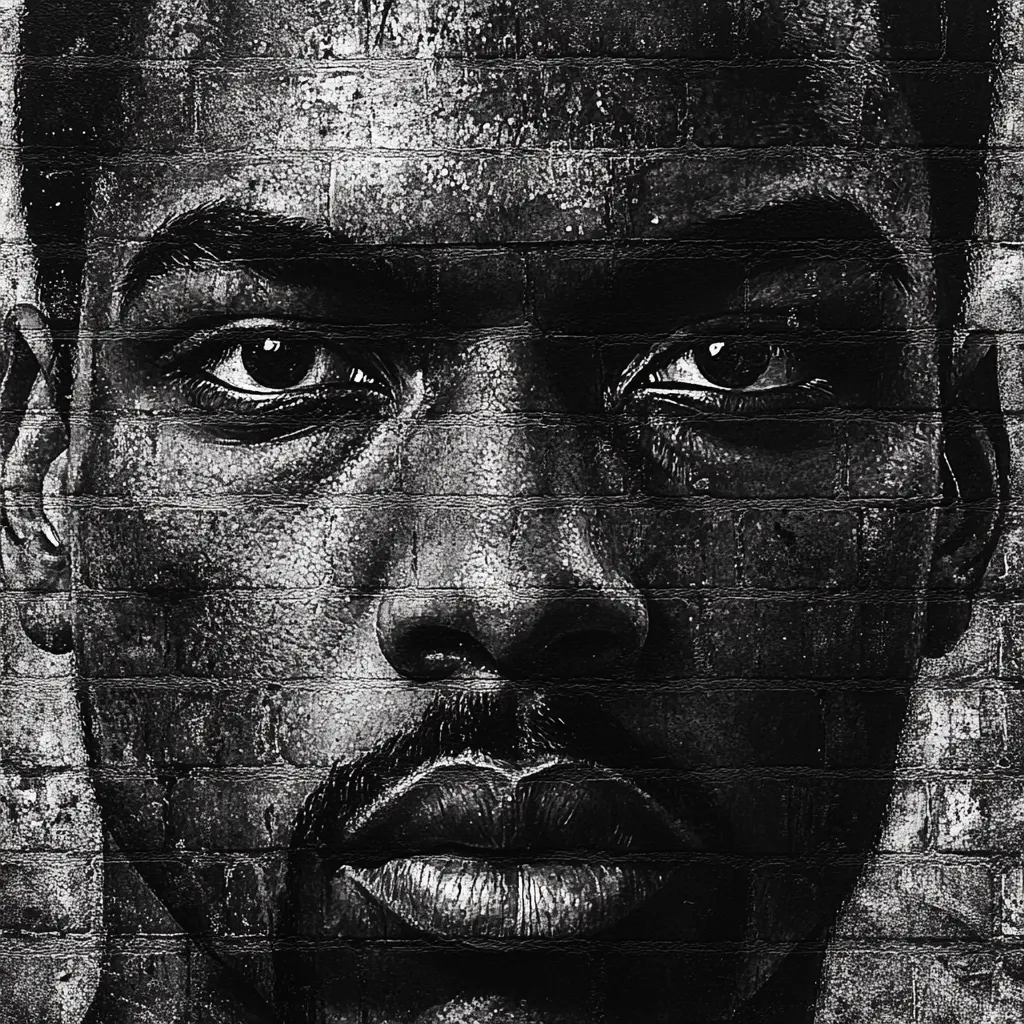 A black and white close-up of a man's face, painted on a brick wall. The man's expression is serious, with a hint of sadness. The painting is done in a realistic style, capturing the texture of the man's skin and the details of his facial features. The brick wall behind the painting adds to the gritty and urban feel of the image.  The image evokes a sense of  strength and resilience.