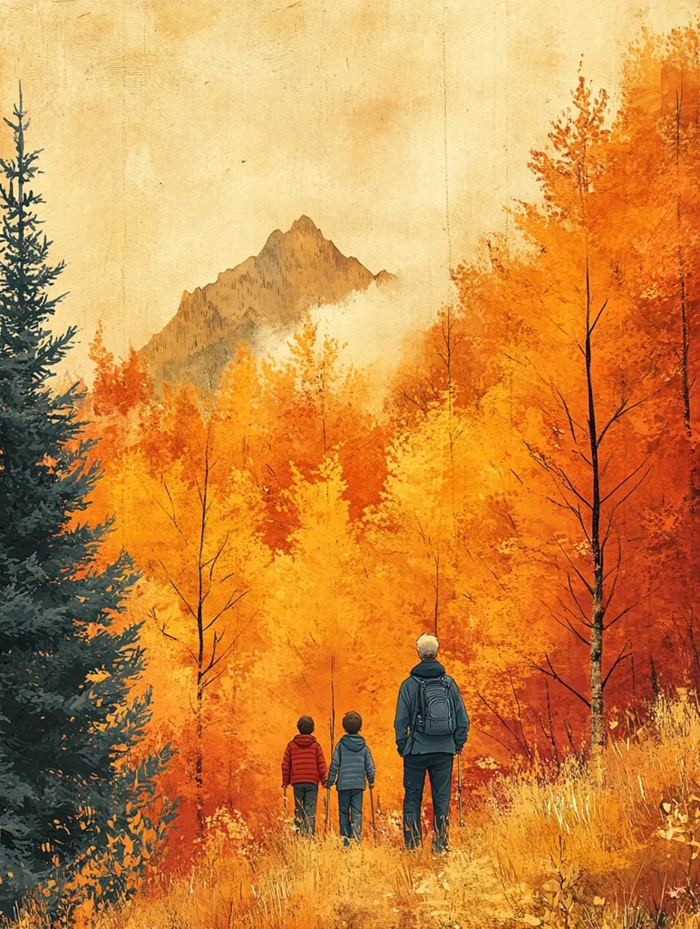 Three figures, a man and two young boys, walk through a vibrant autumn forest. The trees are ablaze with orange, yellow, and red leaves. A distant mountain peeks through the foliage. The setting sun casts a warm glow over the scene. The air is crisp and the ground is covered in fallen leaves.