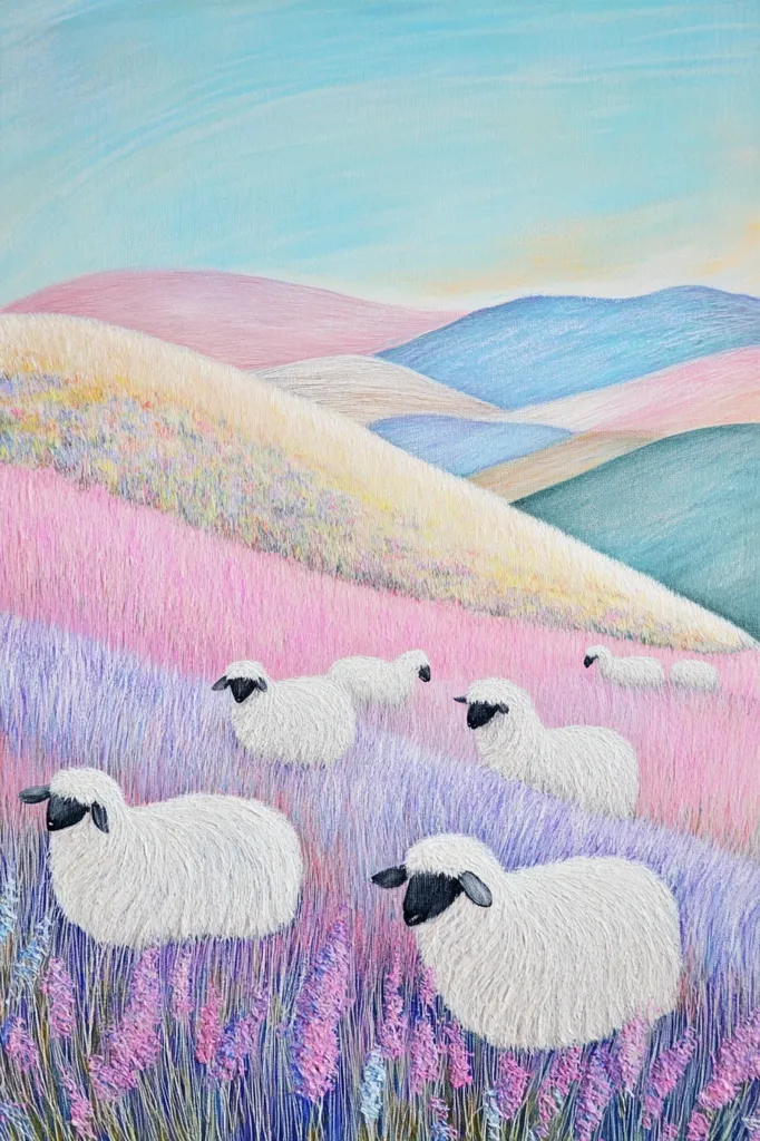 A group of white sheep graze in a field of lavender. The sheep are clustered together in the bottom half of the image. The field is a soft pink and lavender color, blending into a pastel-colored background of rolling hills under a clear blue sky. The scene is idyllic and peaceful.