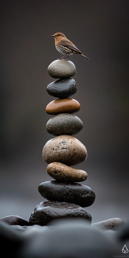 A small brown bird perches on the top of a carefully balanced stack of seven stones, creating a zen-like composition against a grey background. The bird's small size and the delicate balance of the stones evoke a sense of peace and harmony. The smooth surfaces of the stones and the bird's soft feathers suggest a natural beauty and quietude.