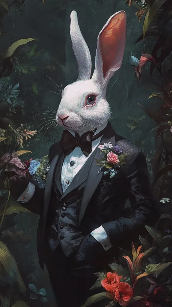 A white rabbit, dressed in a black tuxedo with a bow tie and vest, stands in a dark, lush forest. The rabbit's eyes are piercing and its expression is serious. The background is filled with dark green foliage and flowers in various shades of red, pink, and purple. The overall mood is mysterious and slightly unsettling, like something out of a fairytale.