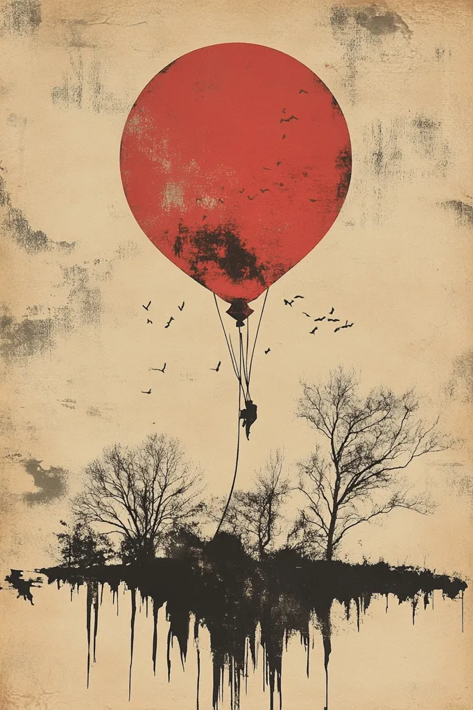 A large, red balloon floats above a dark, silhouetted landscape. A small figure is hanging from the balloon, suspended high in the air. The background features a distressed, vintage texture, giving the image an ethereal and surreal feel.  The image evokes feelings of escape, adventure, and the unknown.