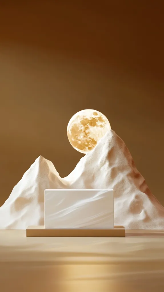 The image depicts a minimalistic, abstract scene.  A large, white, sand-like mound sits against a pale brown background, with a yellow crescent moon floating above. A rectangular platform, also white, rests on top of the mound, with a matching platform underneath.  The image suggests a serene and calming atmosphere.