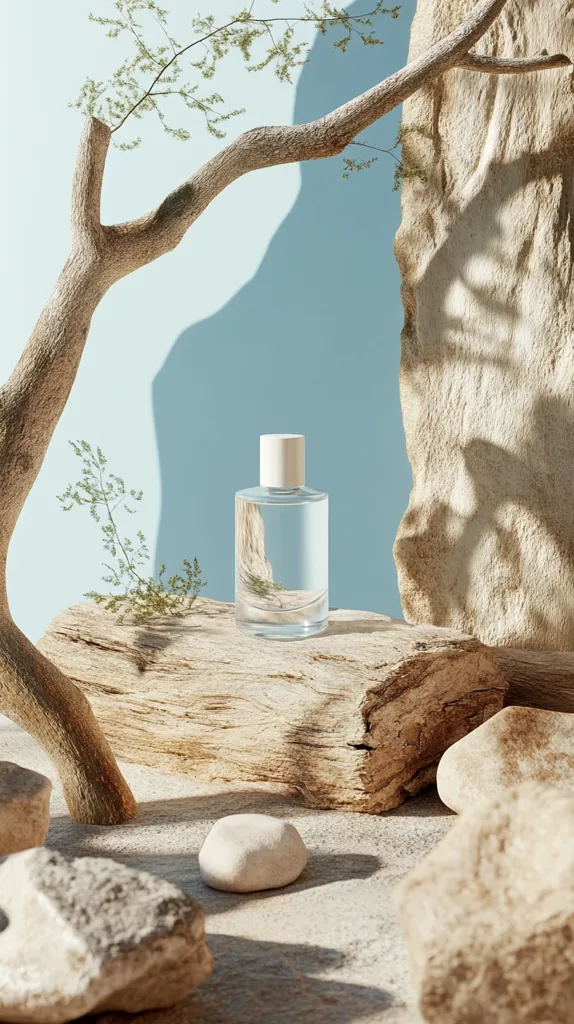 A clear glass bottle of perfume sits on a weathered log, surrounded by rocks and a tree branch reaching up towards the sky. The scene is bathed in soft, natural light, creating a serene and tranquil atmosphere. The image evokes a sense of nature and simplicity, highlighting the beauty of everyday objects.